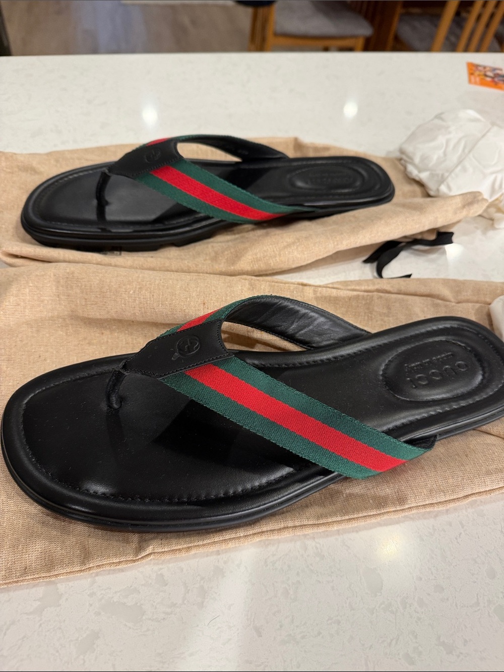 Gucci Black Leather Flip-Flops with Green and Red Web Stripe